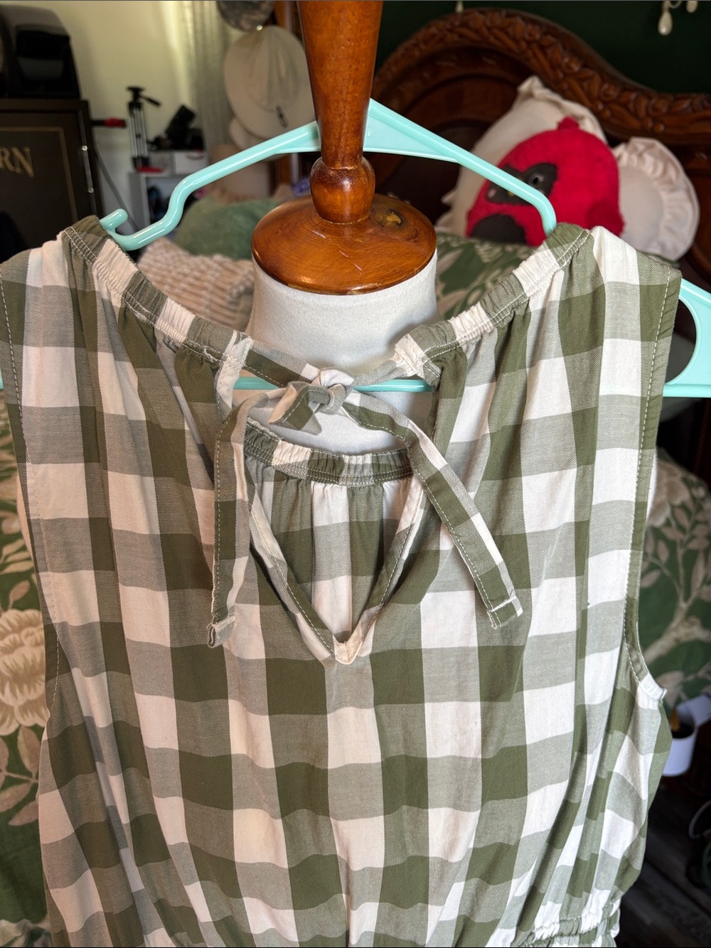 Women's Olive Green Gingham Midi Dress - Picture 3 of 4